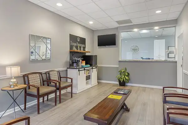 Reception and wait area at Durham Prosthodontics.