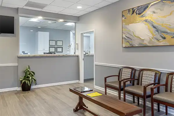 Reception and wait area at Durham Prosthodontics.